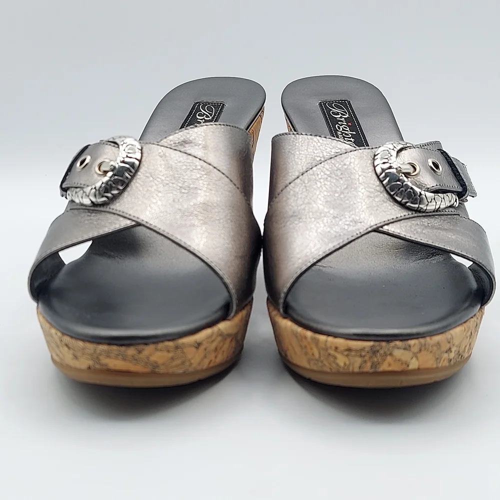 Brighton Summer Made In Italy Platfrom Cork Wedge Heel Sandals Pewter Women's 7